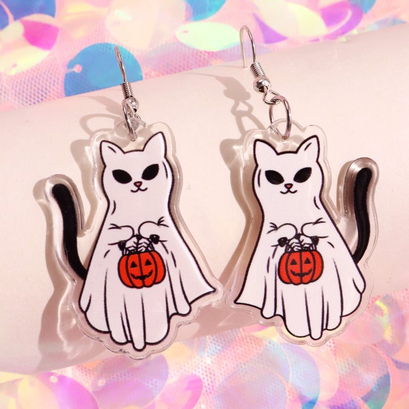 Acrylic Printed Halloween Pumpkin Cat Ghost Cat Pendant Earrings-Jewearrings