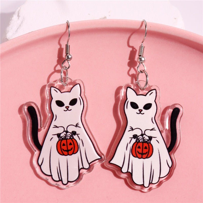 Acrylic Printed Halloween Pumpkin Cat Ghost Cat Pendant Earrings-Jewearrings