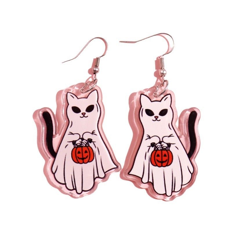 Acrylic Printed Halloween Pumpkin Cat Ghost Cat Pendant Earrings-Jewearrings