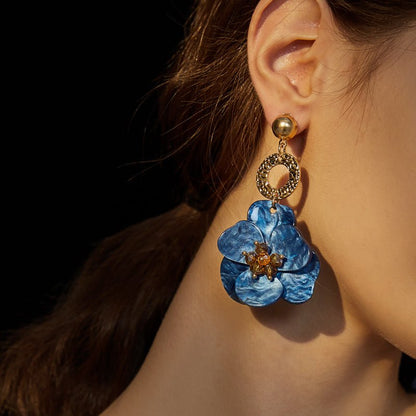 Acrylic Royal Blue Vintage Flower Exaggerate French Earrings-Jewearrings