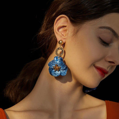 Acrylic Royal Blue Vintage Flower Exaggerate French Earrings-Jewearrings