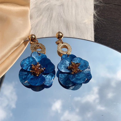 Acrylic Royal Blue Vintage Flower Exaggerate French Earrings-Jewearrings