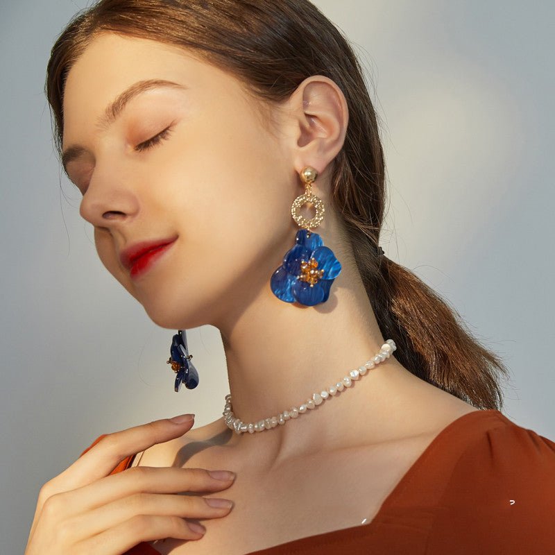 Acrylic Royal Blue Vintage Flower Exaggerate French Earrings-Jewearrings