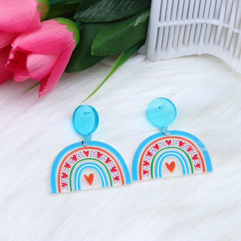 Acrylic Stitching Fashion Peach Heart Rainbow Earrings-Jewearrings