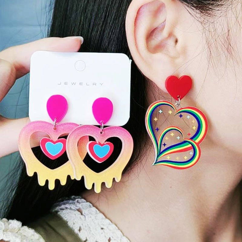 Acrylic Stitching Fashion Peach Heart Rainbow Earrings-Jewearrings