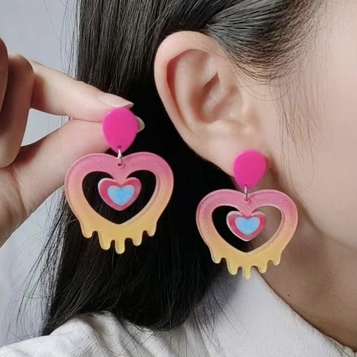 Acrylic Stitching Fashion Peach Heart Rainbow Earrings-Jewearrings