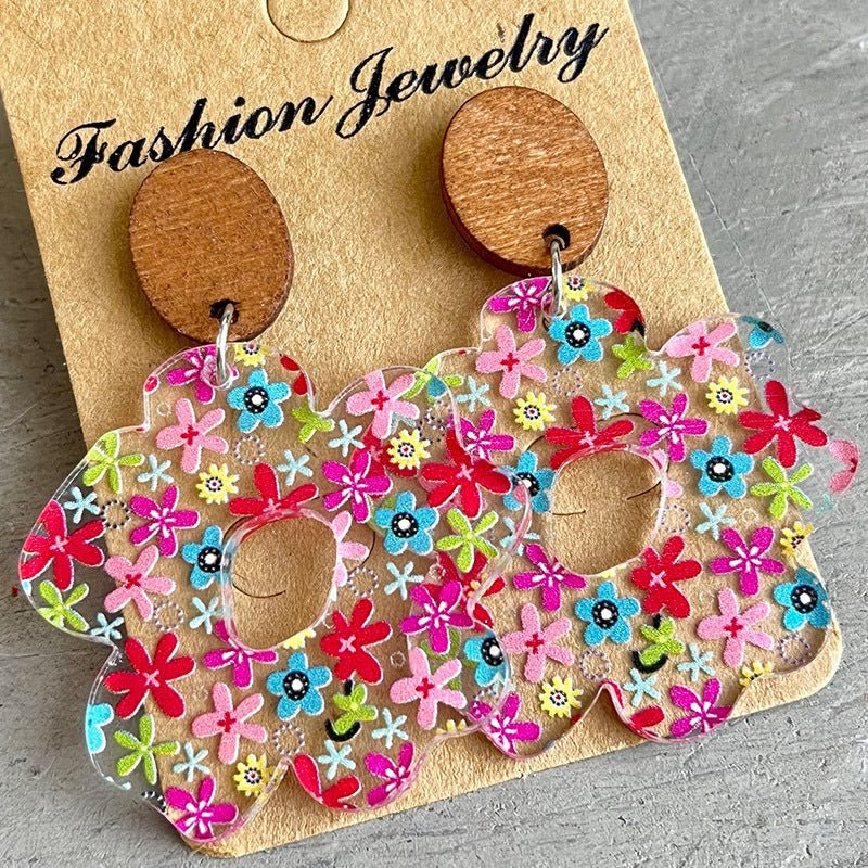 Acrylic Wooden Flower Simple Earrings-Jewearrings