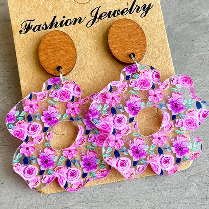 Acrylic Wooden Flower Simple Earrings-Jewearrings