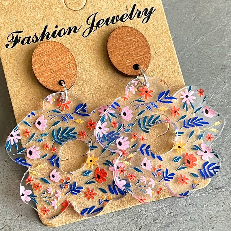 Acrylic Wooden Flower Simple Earrings-Jewearrings