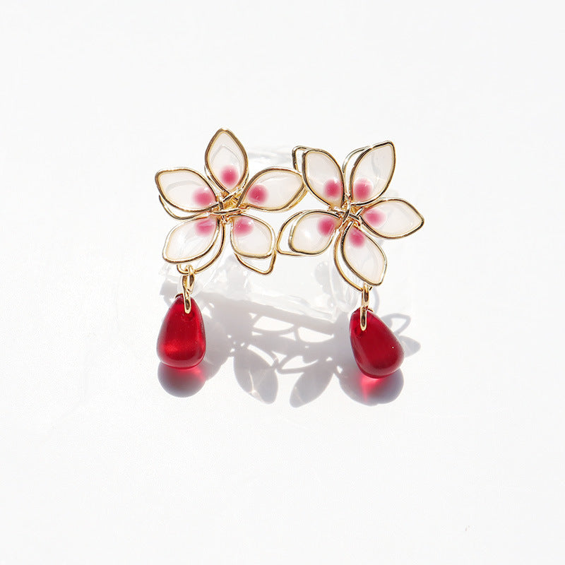 Women's Girl Cherry Blossom Enamel Drop Sterling Silver Needle Earrings-Jewearrings