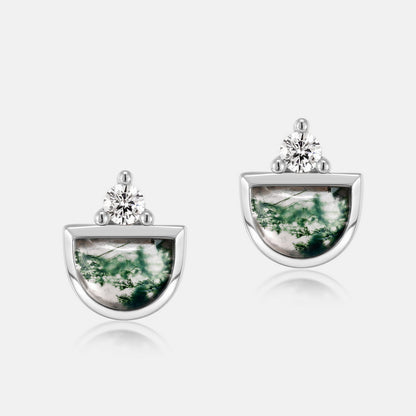 S925 Silver Inlaid Green Moss Stone Stud Earrings-Jewearrings