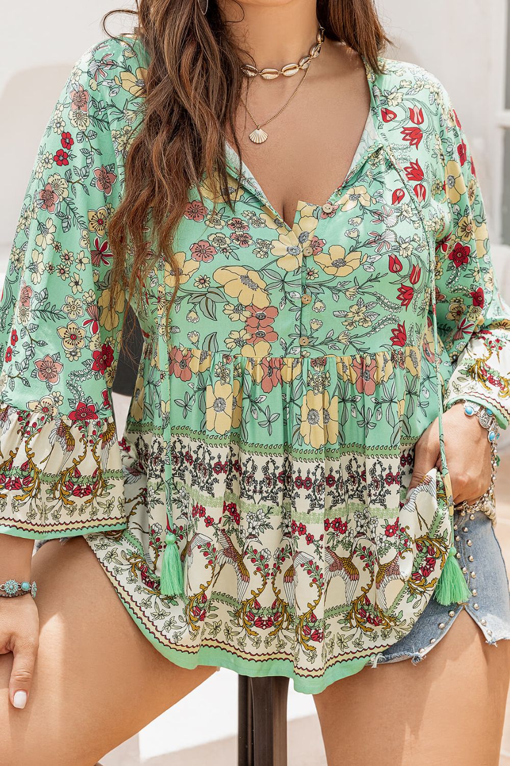 Plus Size Floral Tassel Tie Blouse-Jewearrings