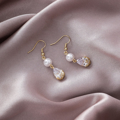 Simple Retro Cropped Pearl Zircon Drop Earrings-Jewearrings