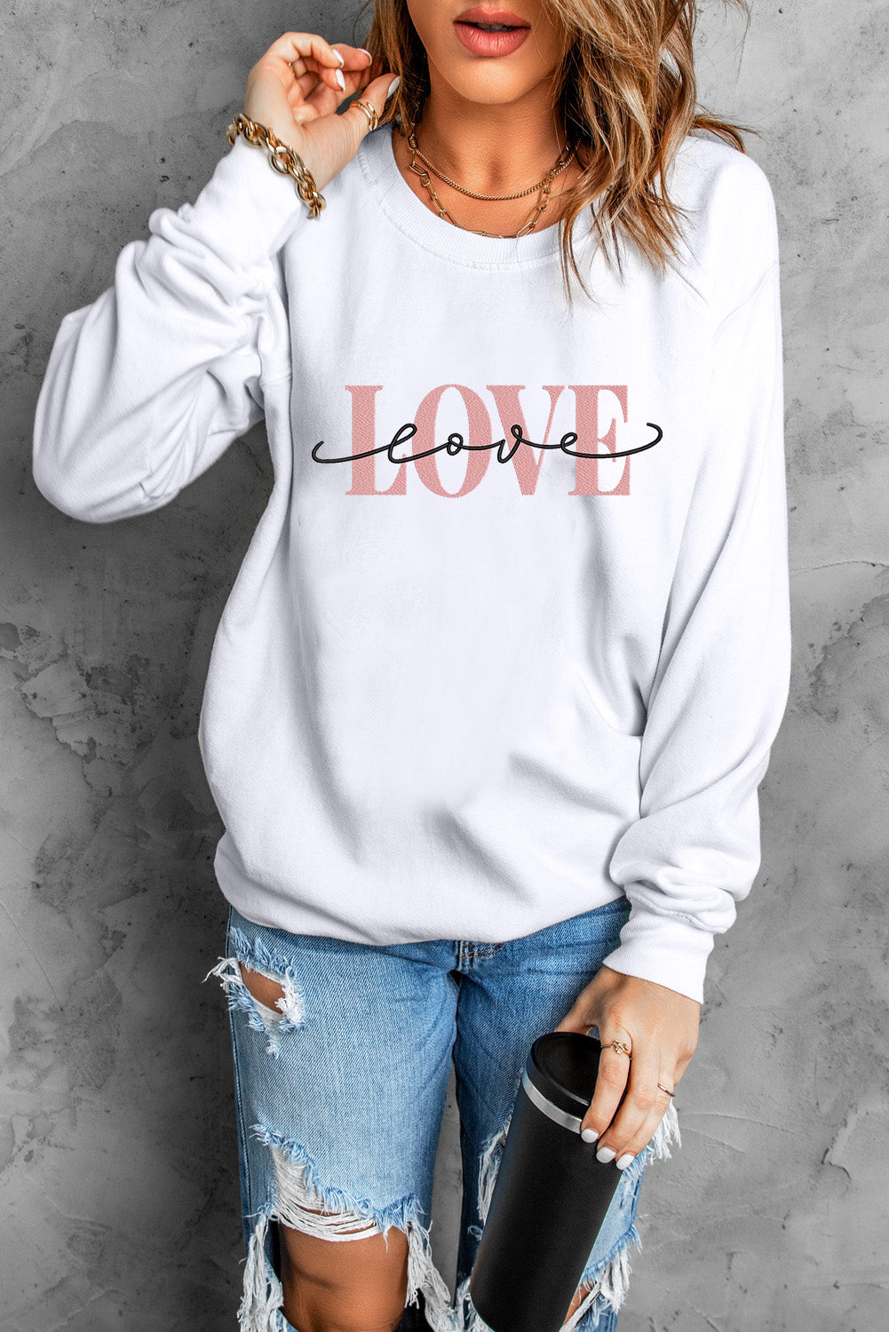 LOVE Round Neck Dropped Shoulder Sweatshirt-Jewearrings