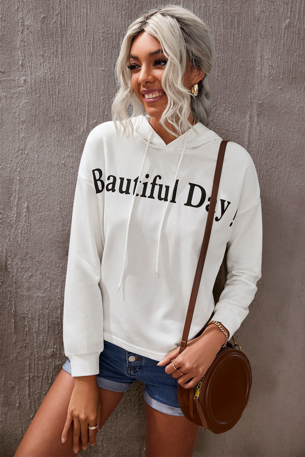 BEAUTIFUL DAY Graphic Drawstring Hoodie-Jewearrings