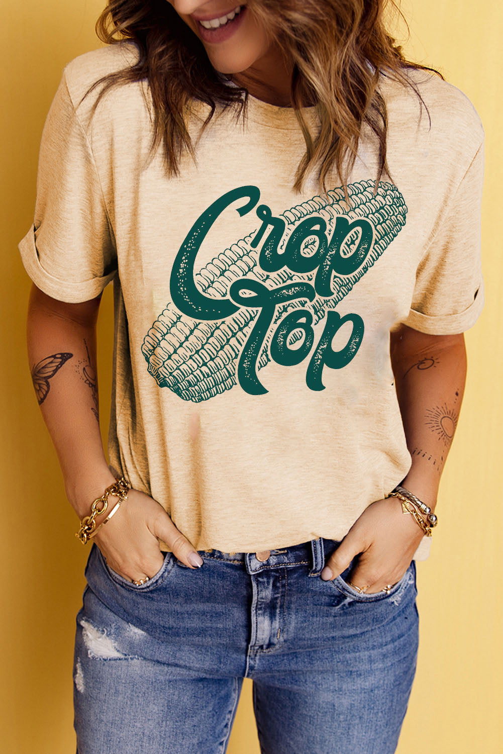 Corn Letter Graphic Cuffed Tee-Jewearrings