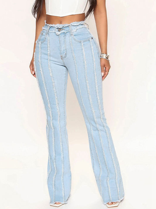 Striped Raw Hem Jeans-Jewearrings