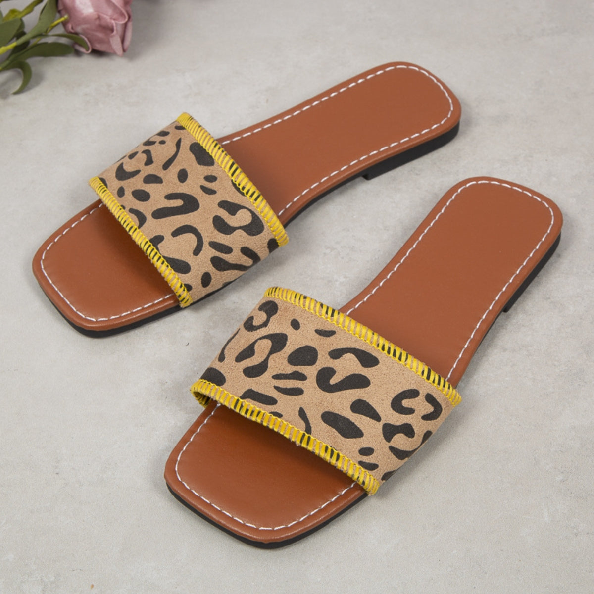 Leopard PU Leather Flat Sandals-Jewearrings