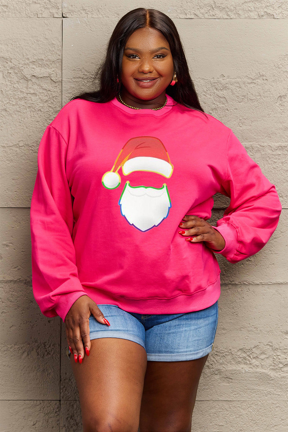 Simply Love Full Size Rainbow Santa Graphic Round Neck Sweatshirt-Jewearrings