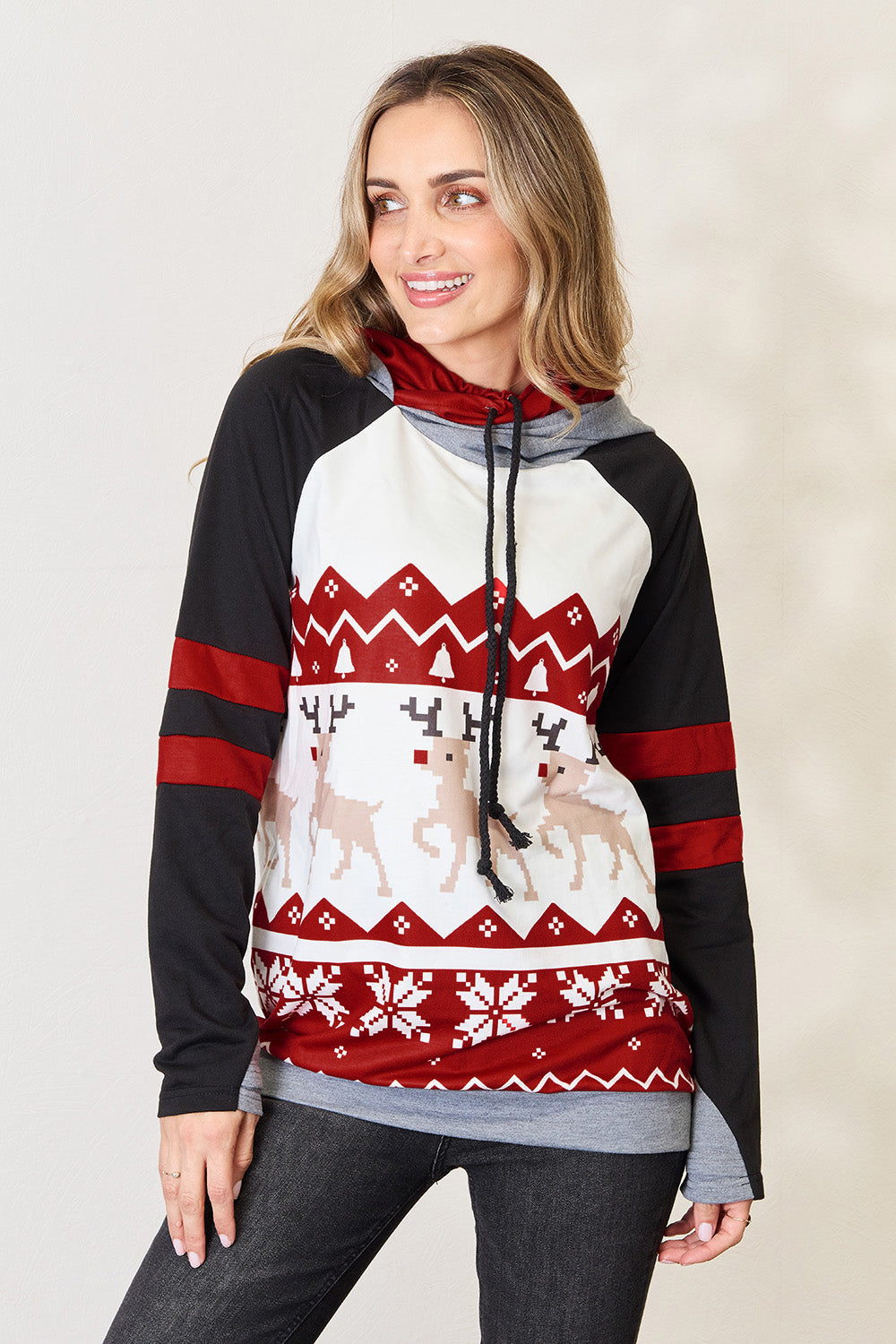 Double Take Full Size Christmas Drawstring Long Sleeve Hoodie-Jewearrings