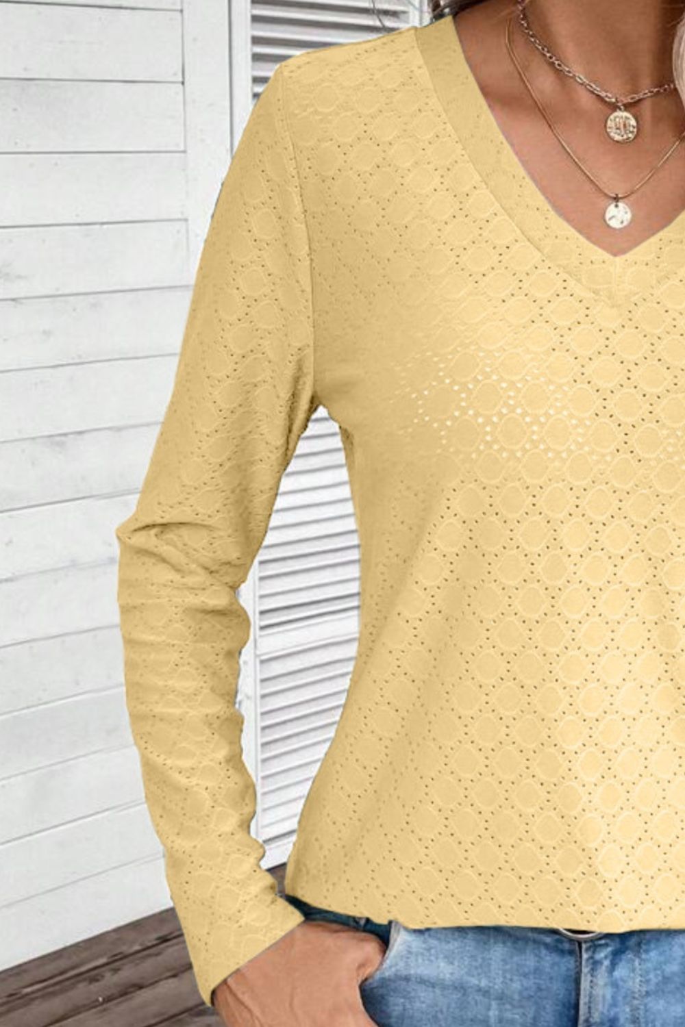 Eyelet V-Neck Long Sleeve T-Shirt-Jewearrings