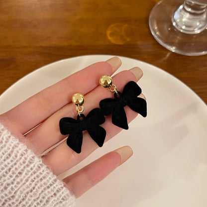 Wine Red Flocking Bow Stud Earrings Women's-Jewearrings