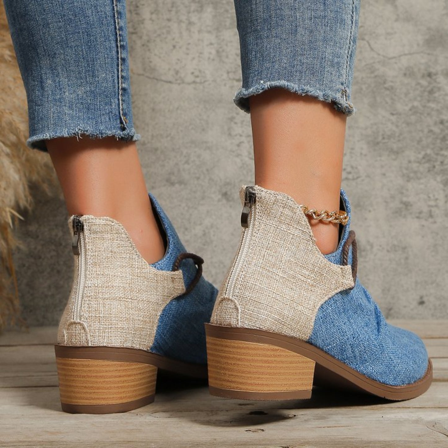 Contrast Canvas Low Heel Boots-Jewearrings