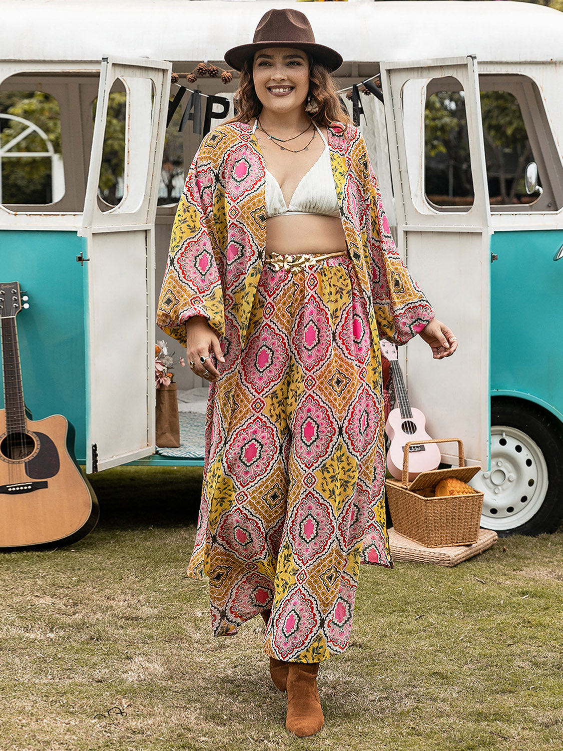 Plus Size Printed Open Front Cover Up and Pants Set-Jewearrings