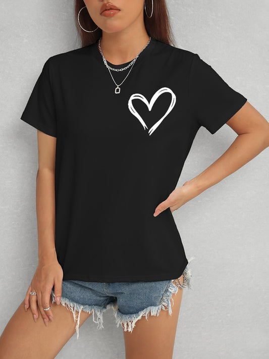 Heart Round Neck Short Sleeve T-Shirt-Jewearrings