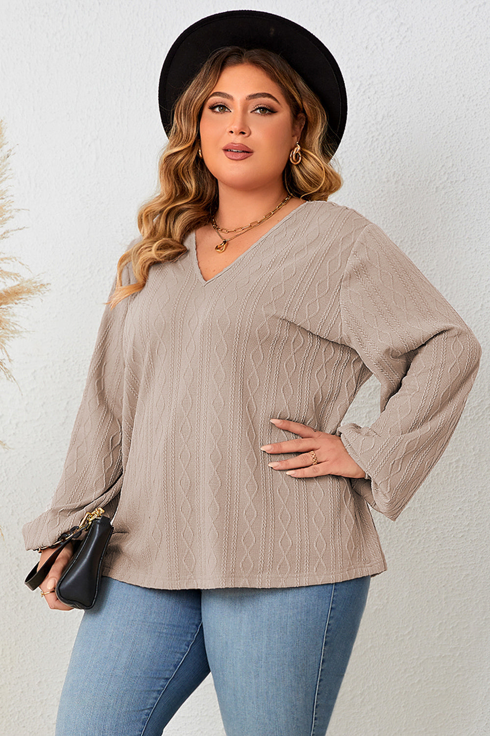 Plus Size Lace Detail V-Neck Long Sleeve Blouse-Jewearrings