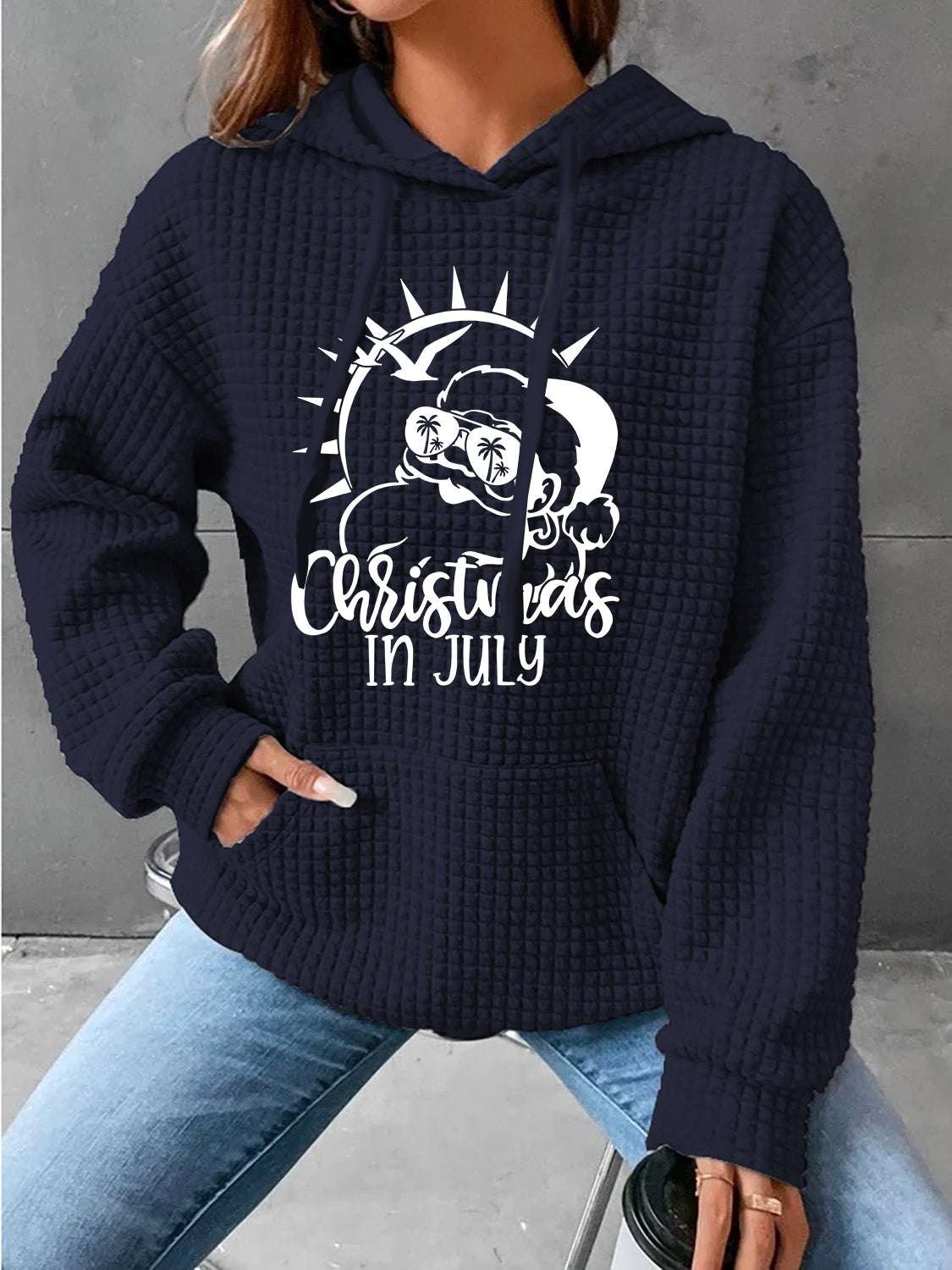 Full Size CHRISTMAS IN JULY Drawstring Long Sleeve Hoodie-Jewearrings