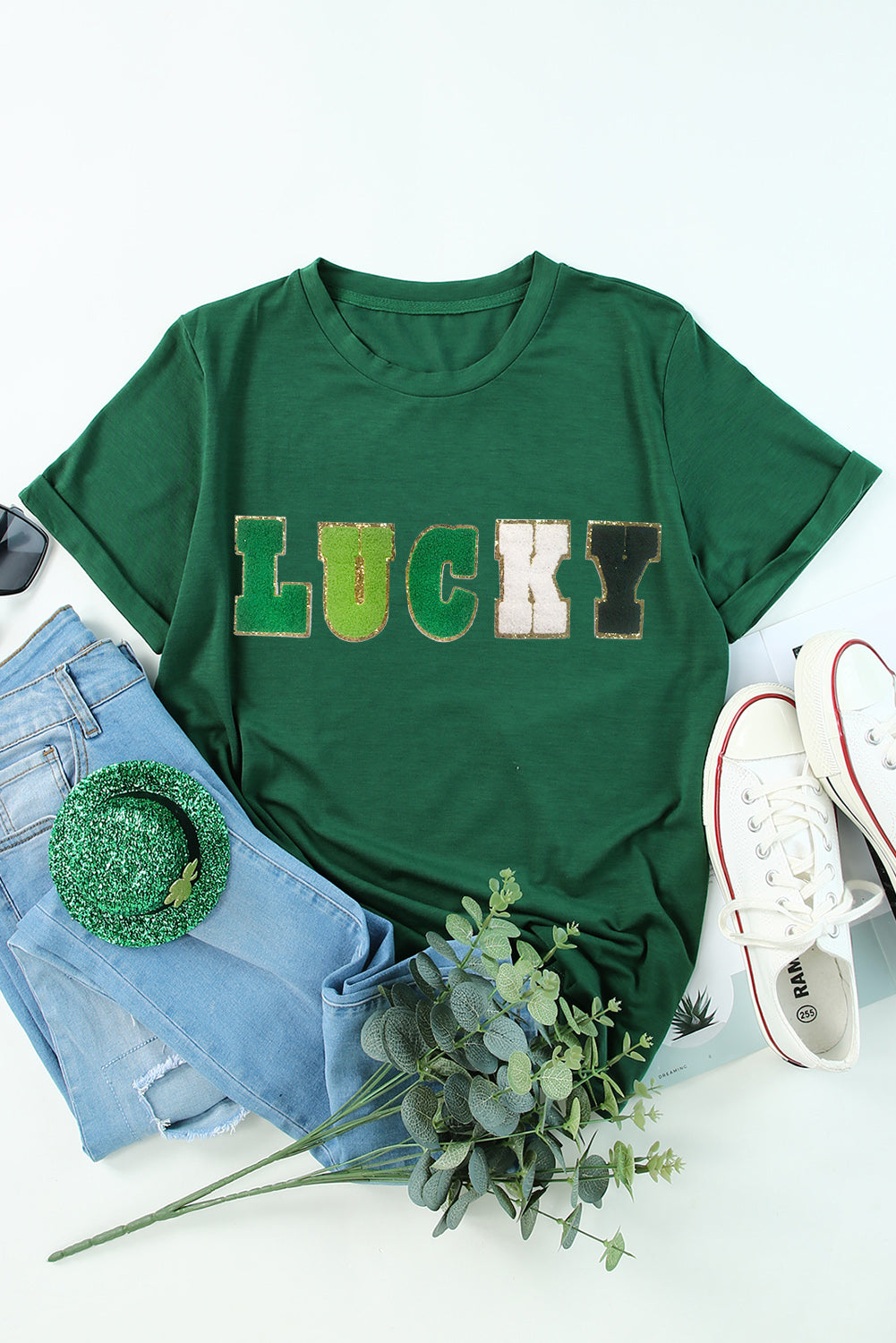 LUCKY Round Neck Short Sleeve T-Shirt-Jewearrings