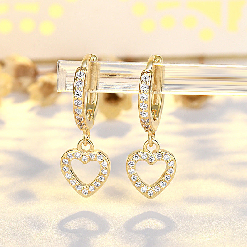 New French Retro S925 Sterling Silver Full Inlaid Love Heart Earrings High-grade Light Luxury Ear Clip Gold Plated-Jewearrings