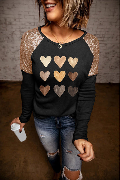 Contrast Sequin Heart Graphic Raglan Sleeve Top-Jewearrings