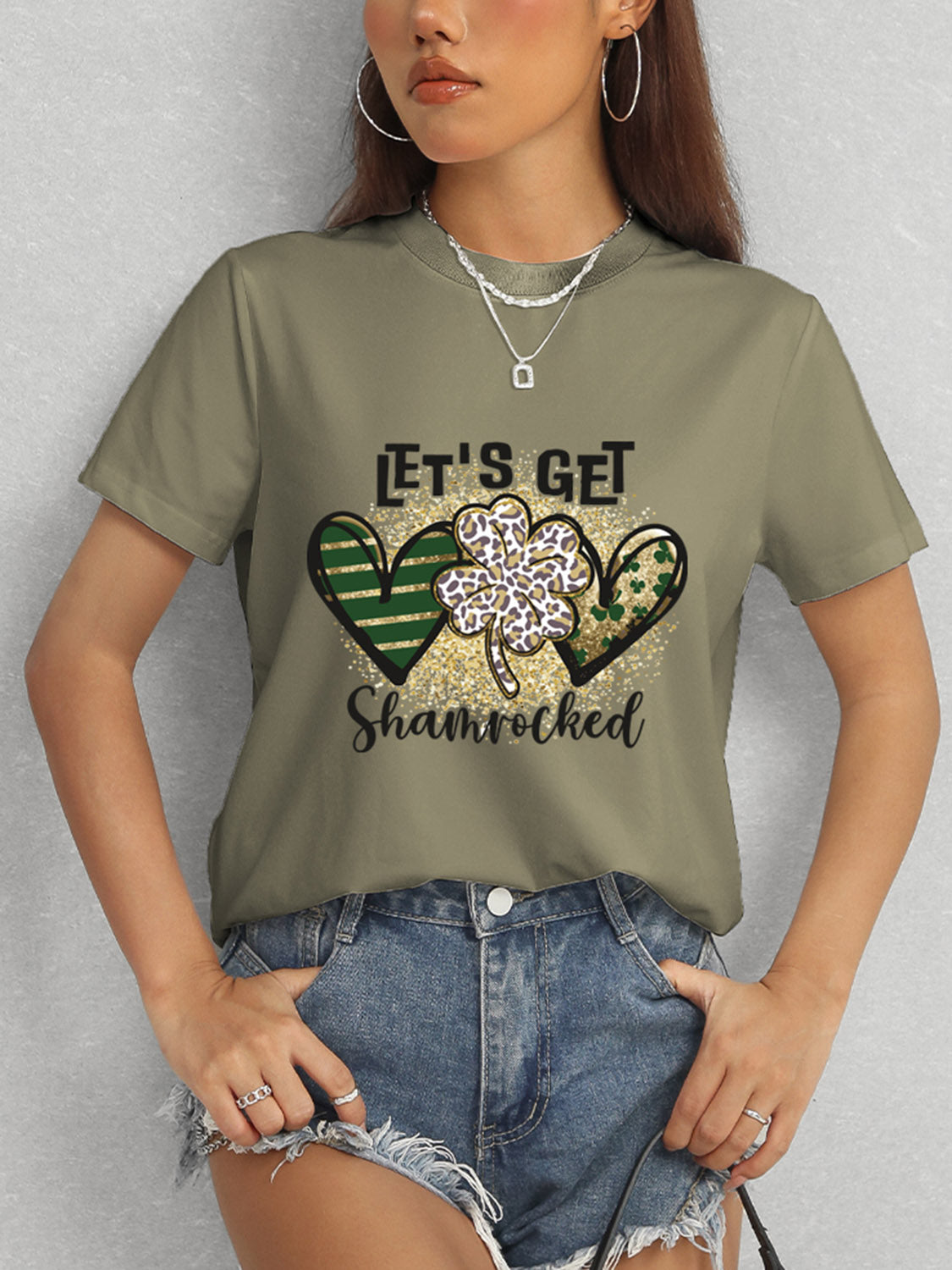 Lucky Clover Round Neck Short Sleeve T-Shirt-Jewearrings