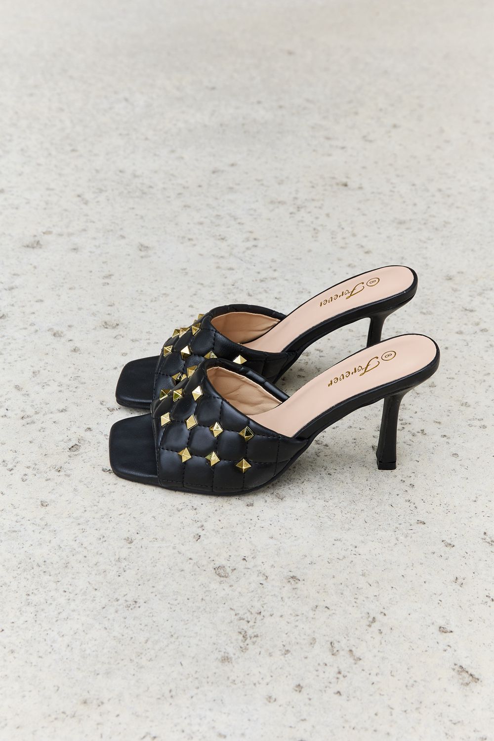 Forever Link Square Toe Quilted Mule Heels in Black-Jewearrings