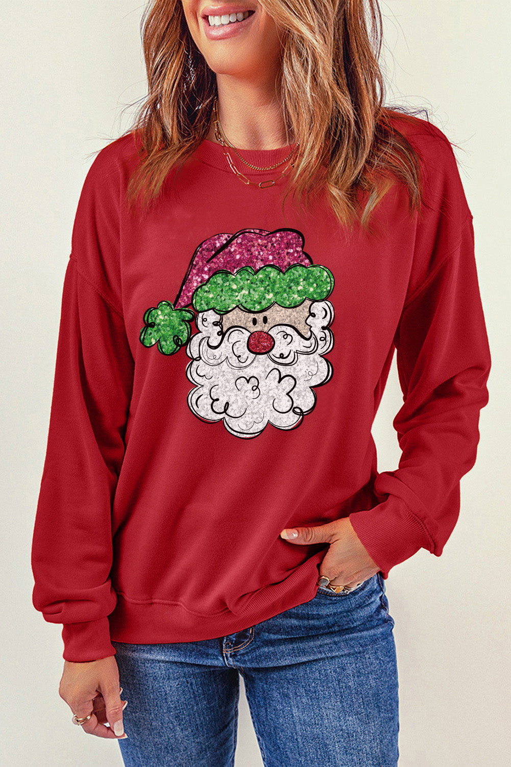 Santa Graphic Round Neck Long Sleeve Sweatshirt-Jewearrings