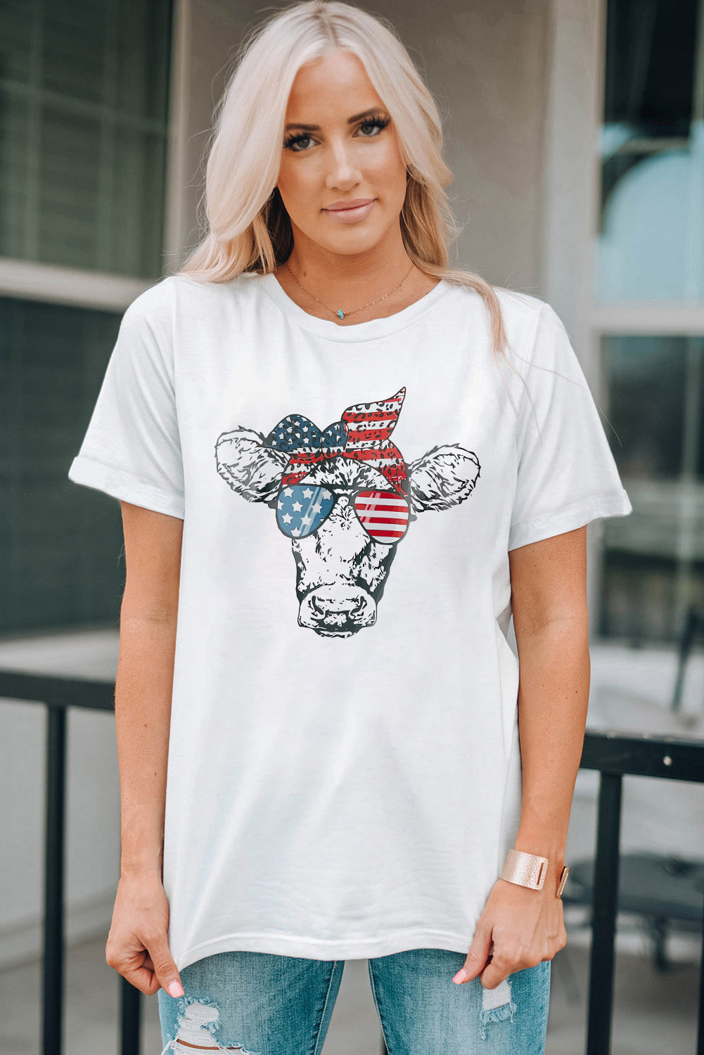 US Flag Cow Graphic Short Sleeve Tee-Jewearrings