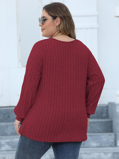 Plus Size Ribbed V-Neck Long Sleeve Top-Jewearrings