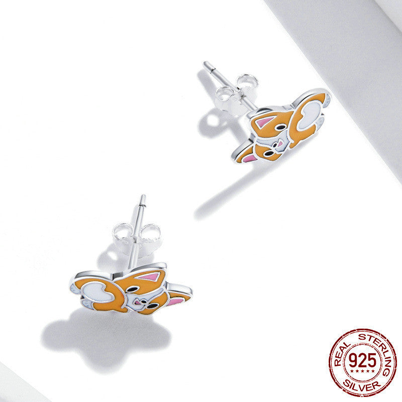 Women's Cute Corgi Sterling Silver S925 Stud Earrings-Jewearrings