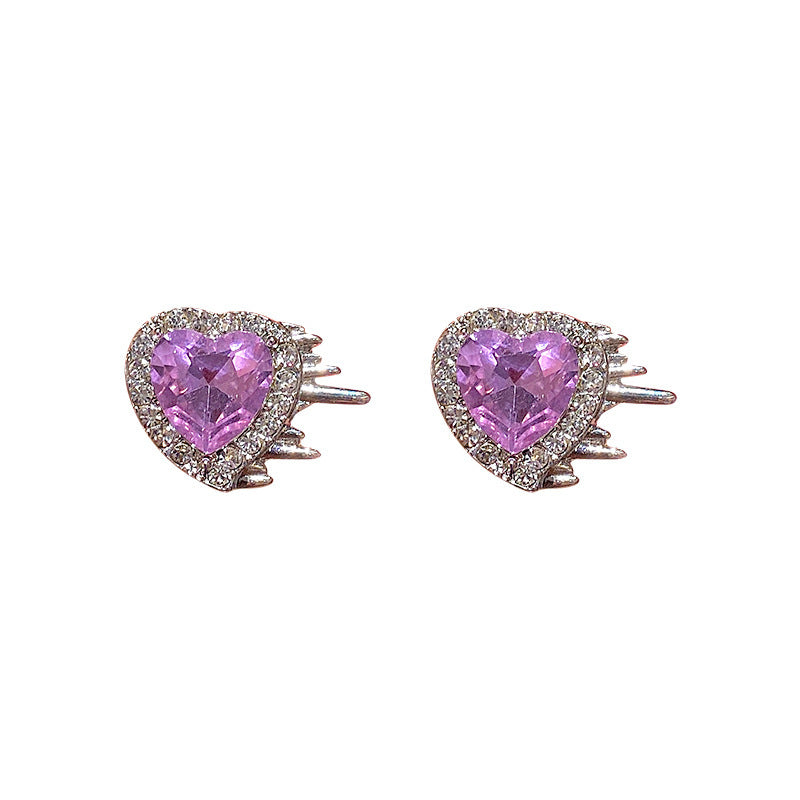 925 Silver Needle Personality Purple Crystal Rhinestone Love Stud Earrings-Jewearrings