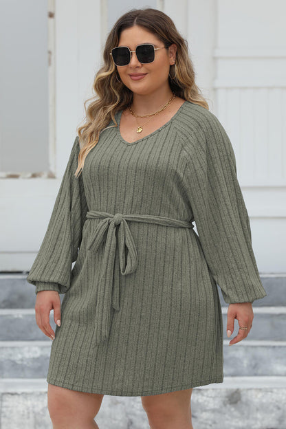 Plus Size Ribbed Tie Front Long Sleeve Sweater Dress-Jewearrings