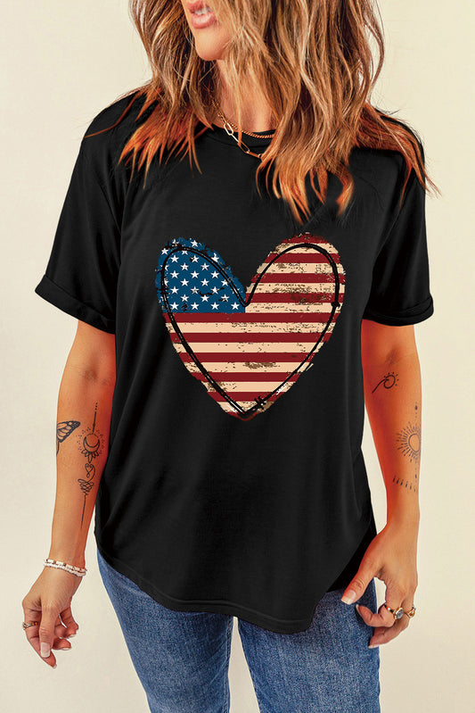 Stars and Stripes Heart Round Neck Short Sleeve T-Shirt-Jewearrings