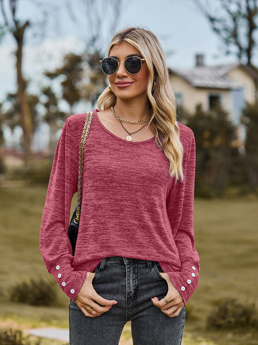 Round Neck Long Sleeve Buttoned T-Shirt-Jewearrings