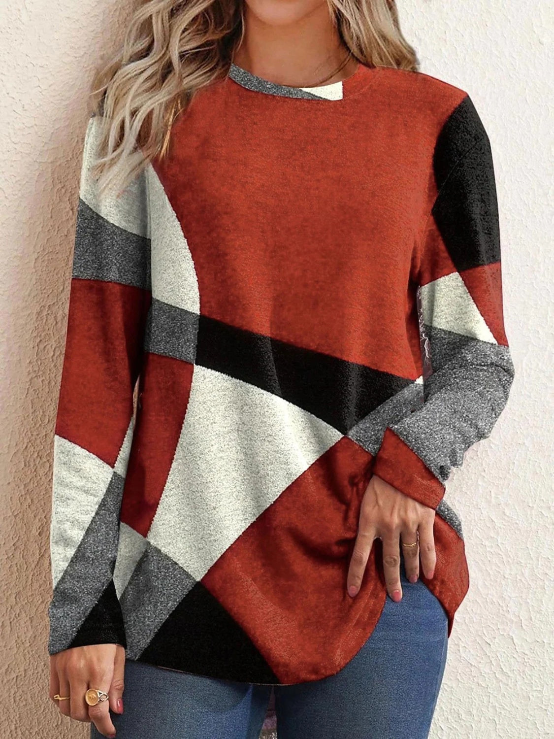 Geometric Round Neck Long Sleeve T-Shirt-Jewearrings