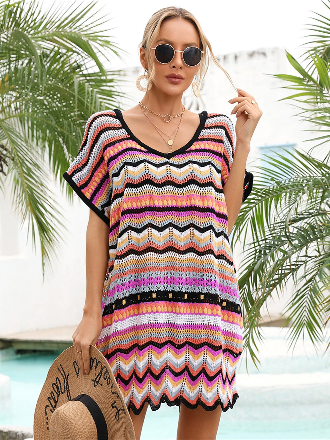 Rainbow Stripe Scalloped V-Neck Cover-Up Dress-Jewearrings