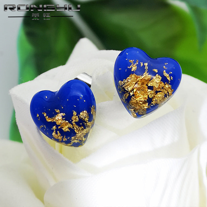 Fashion Heart Shaped BlueGold Opal Stud Earrings-Jewearrings