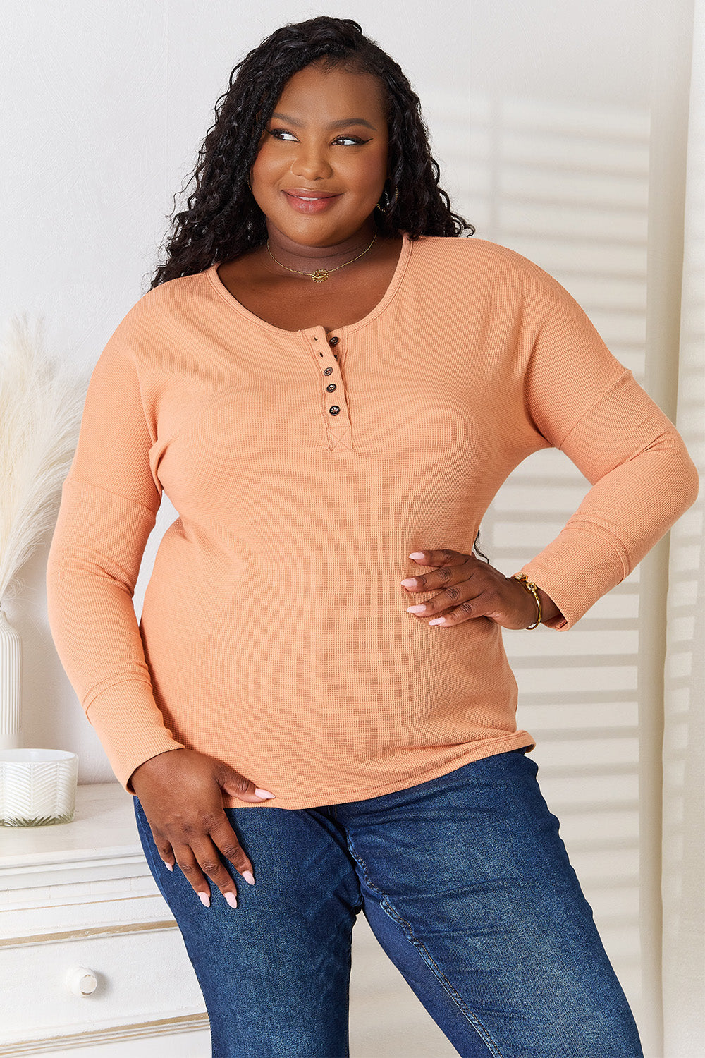 Basic Bae Half Button Long Sleeve Top-Jewearrings