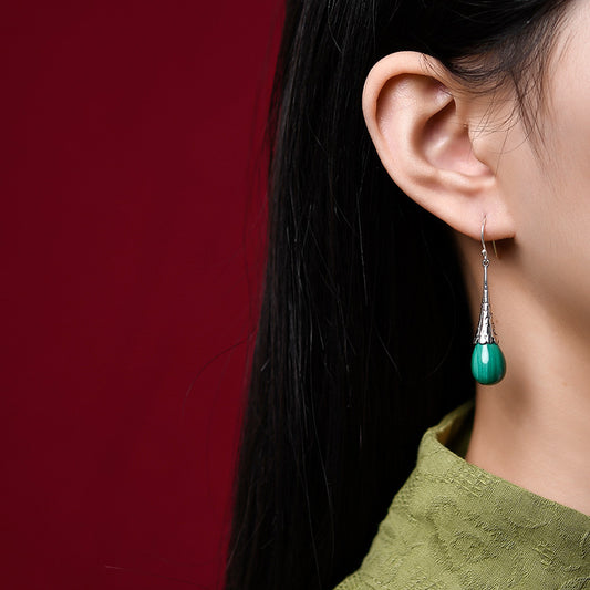 Women's Fashion Elegant Silver Malachite Drop Earrings-Jewearrings