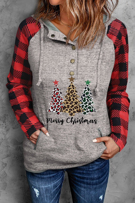 Plaid Christmas Tree Graphic Half Snap Drawstring Hoodie-Jewearrings